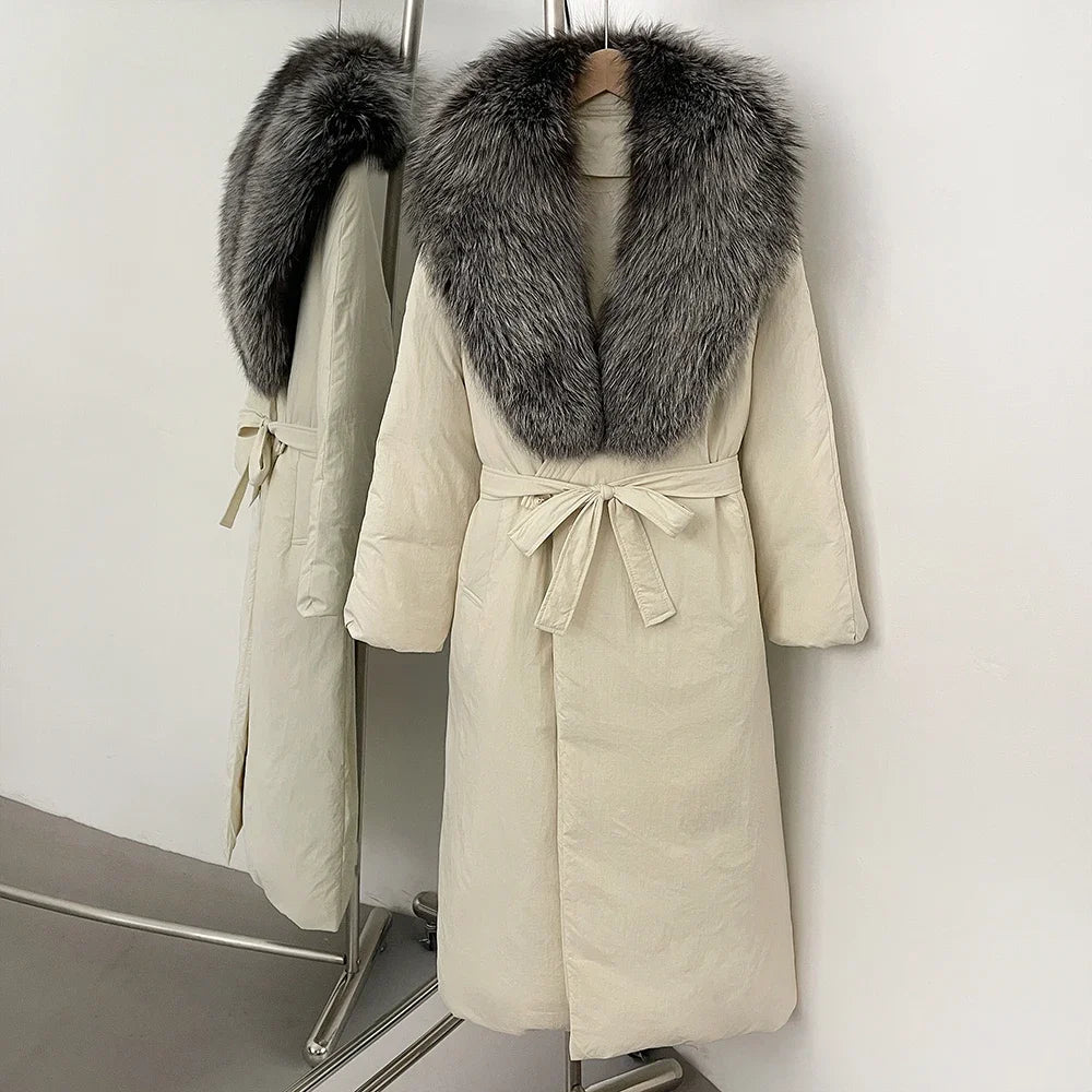 OFTBUY Long Puffer coat Real Fox Fur White Duck Down Coat New Winter Women Collar Fluffy  Jacket Female Thick Warm Reality Fur