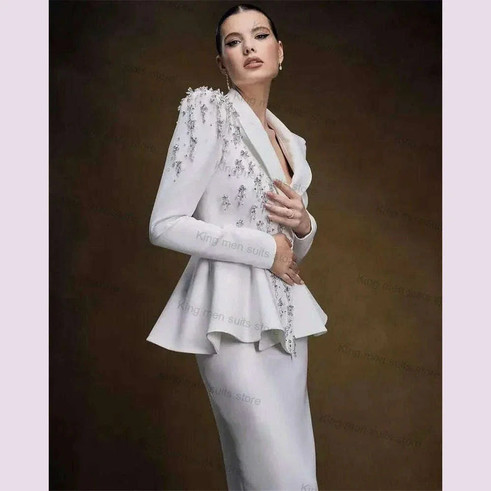 Crystals White Wedding Women Suit Skirt Set 2 Piece Blazer+Midi Prom Dress Custom Made Formal Bride Tuxedo Autumn Jacket Coat