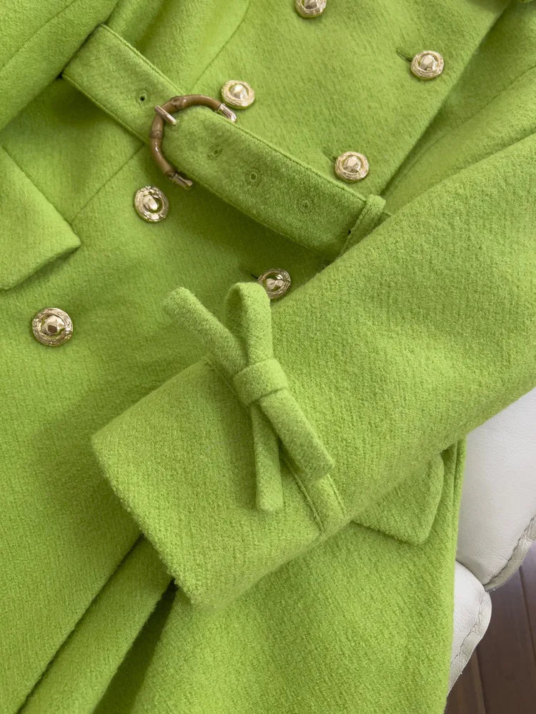 IEQJ Fashion Autumn Winter Green Woolen Coat Women Turn Down Collar Long Sleeves Double Breasted Sashes Slim Blends Coats New