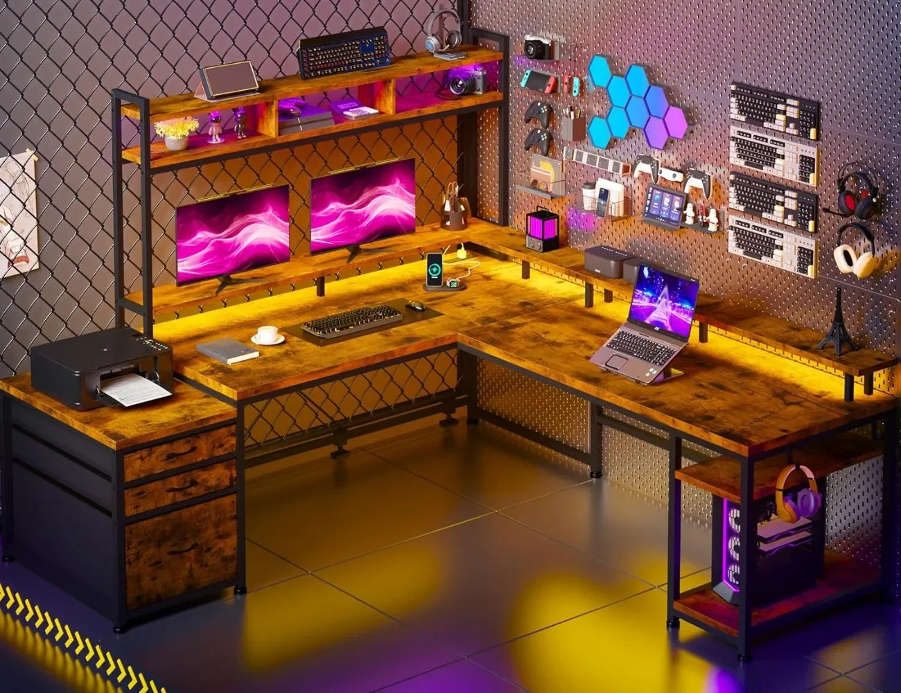 Premium Shaped Desk with Drawers Reversible Large L Shaped Gaming Desk withShelf Gaming Desk with