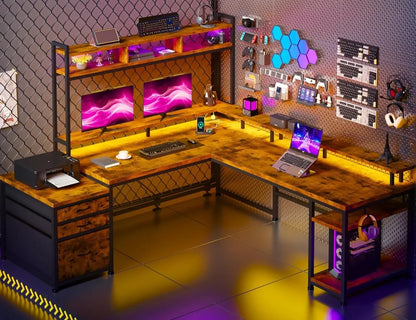 Premium Shaped Desk with Drawers Reversible Large L Shaped Gaming Desk withShelf Gaming Desk with