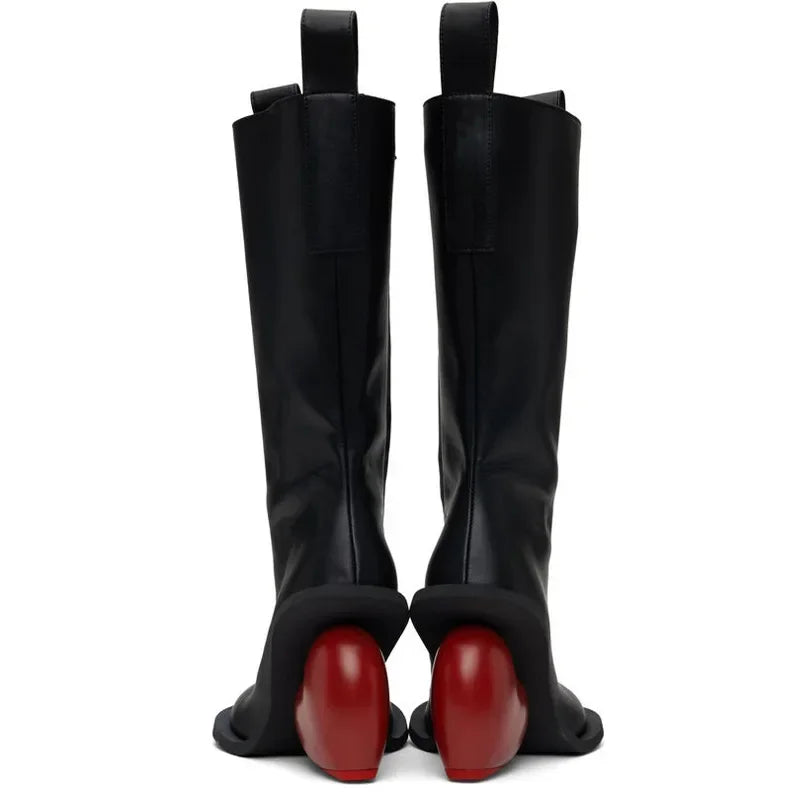 New Retro Sexy Round Toe Peach Heart Heel Side Zipper Knee High Boots European American Fashion Show Color Blocked Women's Boots