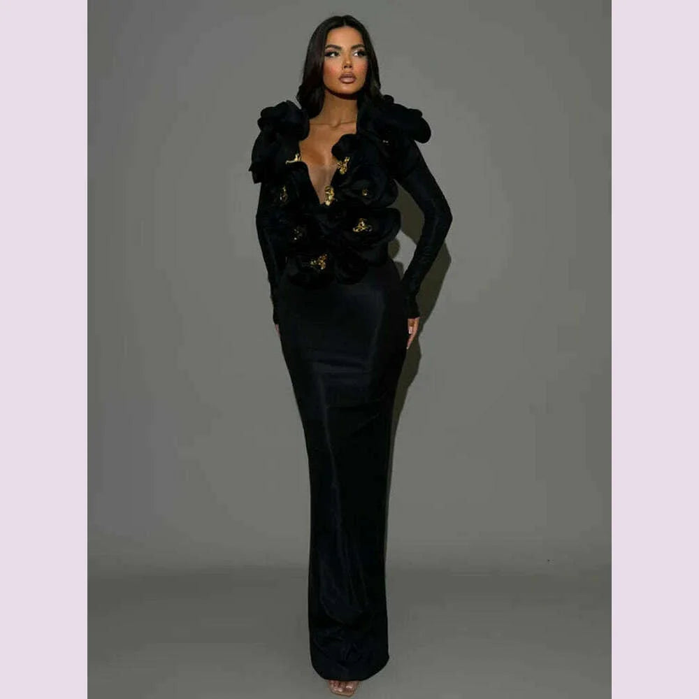 Chic Women Celebrity Sexy Deep V Neck Flower Black Maxi Long Bandage Bodycon Dress 2025 Elegant Evening Club Party Outfit