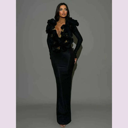 Chic Women Celebrity Sexy Deep V Neck Flower Black Maxi Long Bandage Bodycon Dress 2025 Elegant Evening Club Party Outfit