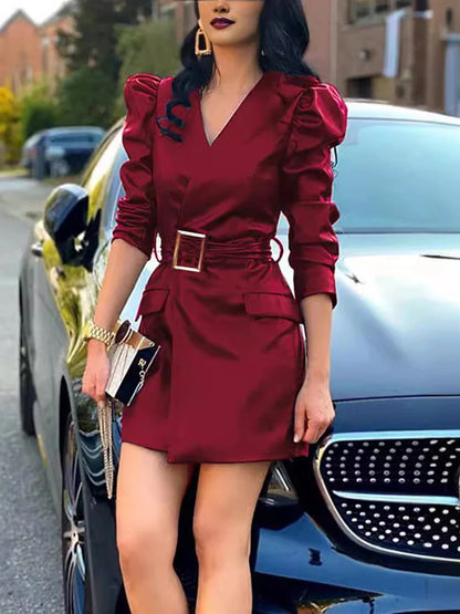 Elegant Pu Leather Women's Temperament Mini Dress Solid V-Neck Long Sleeve With Belt Stylish Dress Female Business Short Dresses