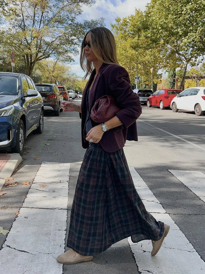 Casual V-neck Checkered Lace Up Suit Women Fashion Long Lantern Sleeves Single-breasted Slim Set 2025 Lady Commute street Outfit