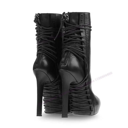 Black Matte Leather Cross Tied Ankle Boots Po inted Toe Shoes for Women Thin High Heels Sexy Lady Shoes 2025 Zapatos Para Mujere