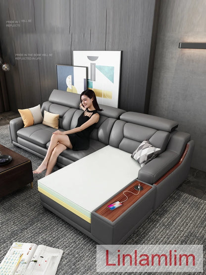 Beautify Your Living Room with Linlamlim Italian Genuine Leather Sofa - Bluetooth Speaker, Adjustable Headrests and USB...