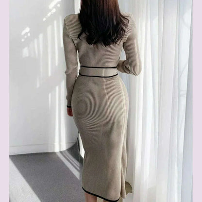 New Retro Knitted Bodycon Dress Women Korean Fashion Autumn Winter Half High Collar Lace Up Elegant Sweater Dresses Vestidos