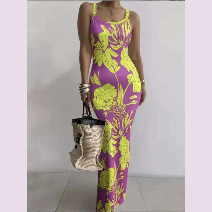 2025 Women s Sleeveless Strap O neck Sexy Belt Colorful Printed Long Skirt Evening Dress Y2k Sleeveless Solid Color Tight Fit