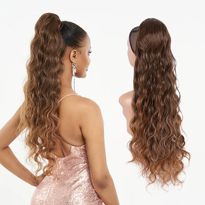 Julianna Synthetic Kanekalon Black Drawstring Water Wave Ponytail Extension Female Curly Wavy Clip In Ponytail Hair Extension