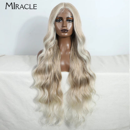 MIRACLE Synthetic 34 Inch Lace Front Wig for Women Ombre Blonde Loose Wave Wigs Famale Cosplay Wig Long Lace Wigs Wavy Fake Hair