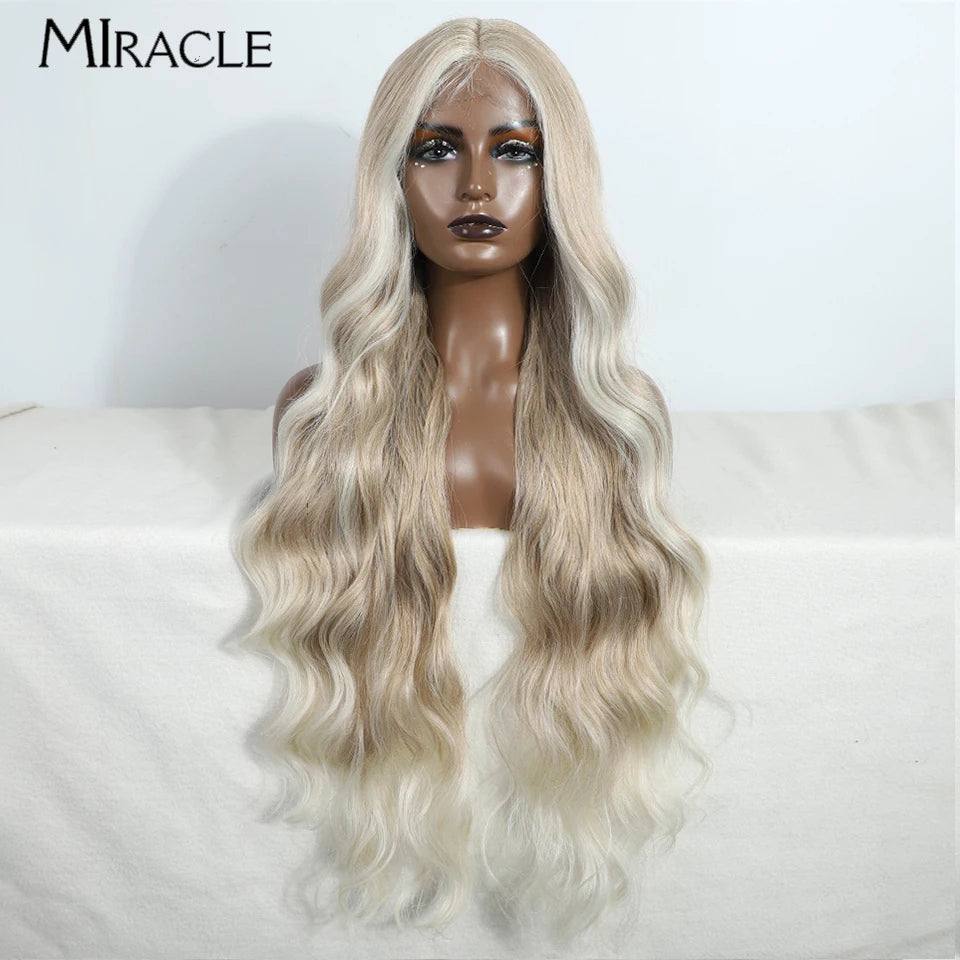 MIRACLE Synthetic 34 Inch Lace Front Wig for Women Ombre Blonde Loose Wave Wigs Famale Cosplay Wig Long Lace Wigs Wavy Fake Hair