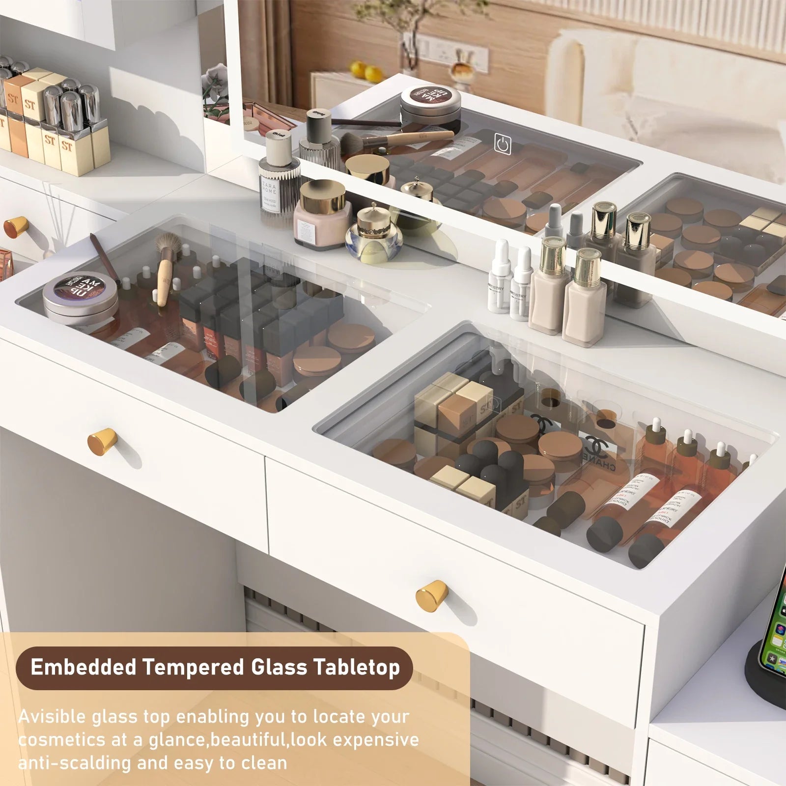 61.7" Large Vanity Desk with Mirror and Lights, Makeup Vanity with Charging Station, Sliding Drawers, 2 Cabinets with Glass Door