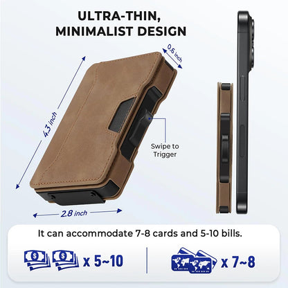 Minimalist Mens Wallet with Money Clip, Aluminum Pop Up Card Case and Leather Slots Credit Card Holder RFID Blocking Wallet