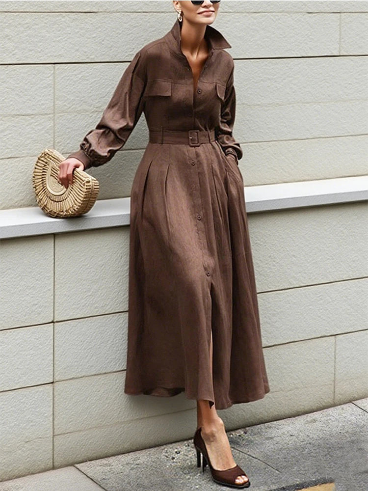 Gymystars Long Sleeve Dress Woman Fall 2025 Lapel Shirt Dress Fashion Loose Pleated Belt Decoration Casual Button Maxi Dresses