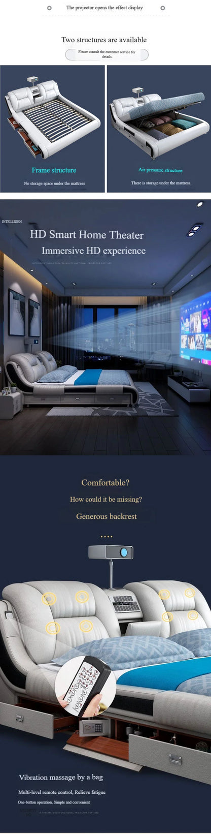 Modern Luxury Bedroom Furniture Smart Electric Massage Up-holstered Beds king Size Double Bed Mattress Plus Frame with...