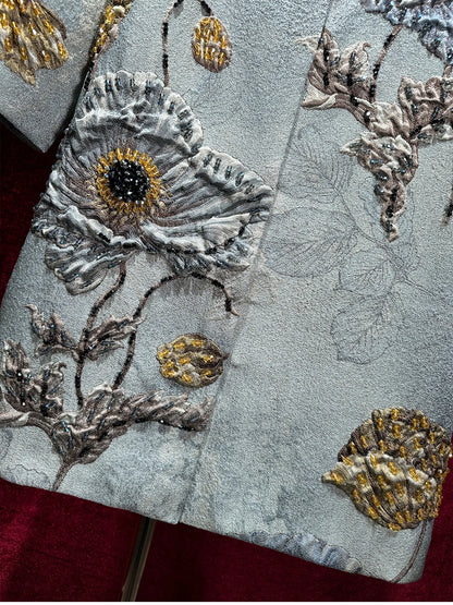 2025 Luxury Girls Vintage Embroidery Jacket Women Floral Beading Long Coat Wide Waisted O-neck Outwear Trench 2/3 Sleeves