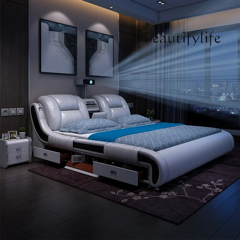 BJ Genuine Leather Bed Multifunctional Beds Ultimate Massage Camas With Bluetooth,Speaker,Safe,Air Cleaner, Projector,Drawers