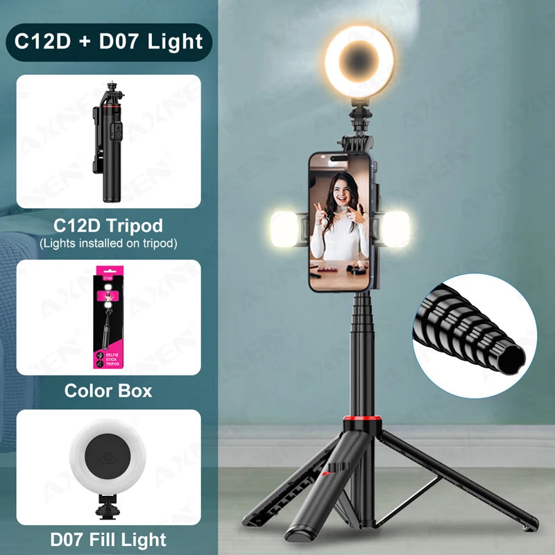 C12D/C13D Tripod for Phone and Action Camera Gopro Stand with Fill Light Remote Control for Mobile Vlog Shooting Live Recording