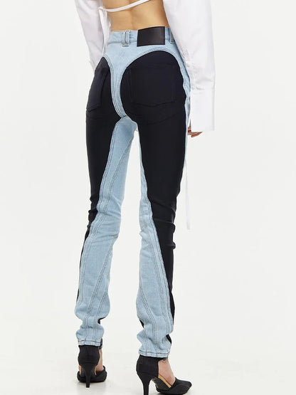 Patchwork Colorblock Women's Jeans High Waist Slim Casual Straight Denim Pencil Pants Female Fashion | Kimlud Mid Range Pants
