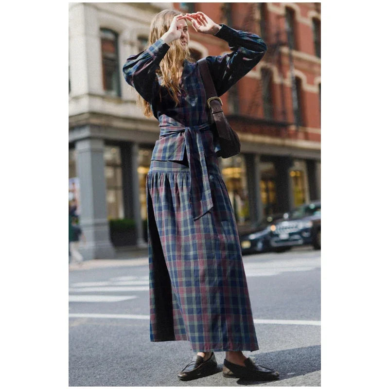 Casual V-neck Checkered Lace Up Suit Women Fashion Long Lantern Sleeves Single-breasted Slim Set 2025 Lady Commute street Outfit