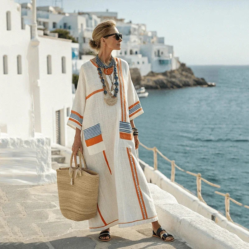 Summer Elegant Loose Long Dresses for Women New Casual V Neck Short Sleeve Geometric Printing Splicing Pocket Loose Waist Dress - Kimlud