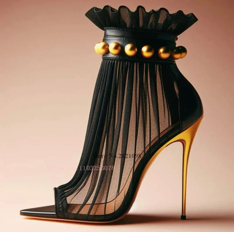 Black Mesh with Gold Stud Thin Heeled High Stiletto Heel Ankle Boots Open Pointed Toe Stilettos Heels Sexy Short Boots Women