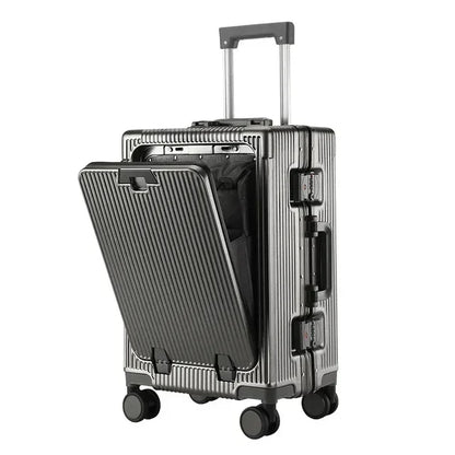 Front Opening Large Capacity Rolling Luggage Case Aluminum Frame Trolley Case USB Charging Boarding Suitcase With cup holders