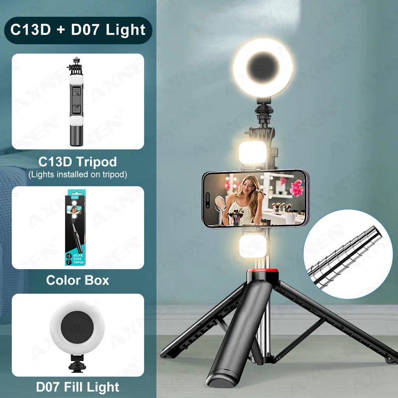 C12D/C13D Tripod for Phone and Action Camera Gopro Stand with Fill Light Remote Control for Mobile Vlog Shooting Live Recording