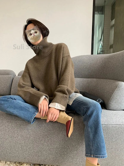 2023 Autumn and Winter New Thick Cashmere Sweater Women High Neck Pullover Sweater Warm Loose Knitted Base Sweater Jacket Tops