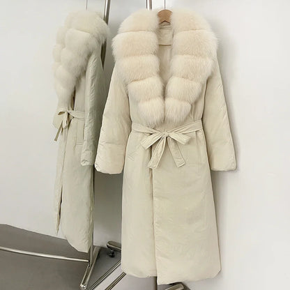OFTBUY Long Puffer coat Real Fox Fur White Duck Down Coat New Winter Women Collar Fluffy  Jacket Female Thick Warm Reality Fur