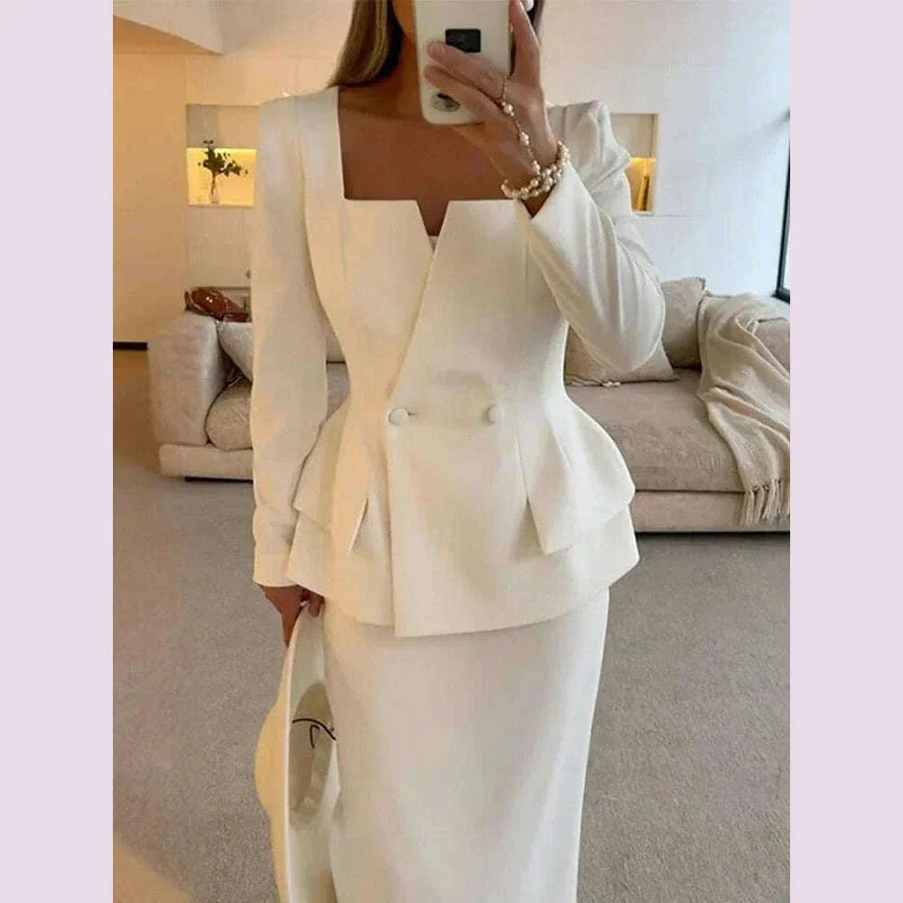 Elegant BlazerCoat Skirt Set Women Double Breasted Square Collar Slim Jacket And Midi Skirts Suits 2 Pieces Office Chic Outfits