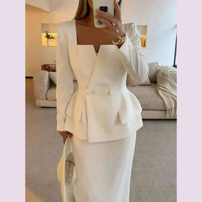 Elegant BlazerCoat Skirt Set Women Double Breasted Square Collar Slim Jacket And Midi Skirts Suits 2 Pieces Office Chic Outfits