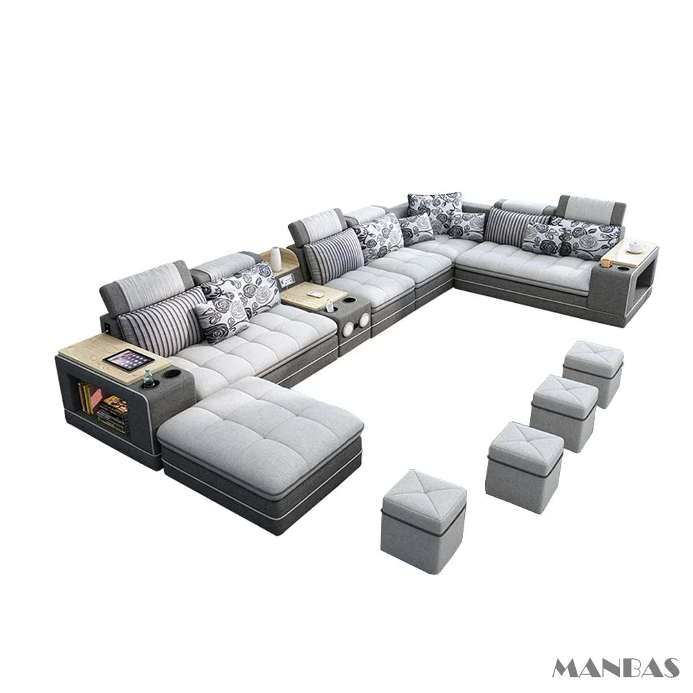 MINGDIBAO Nordic Fabric Sofa Set with Bluetooth Speaker & USB - Modern Living Room Modular Sofas Big U Shape Corner Cloth Couch - Kimlud