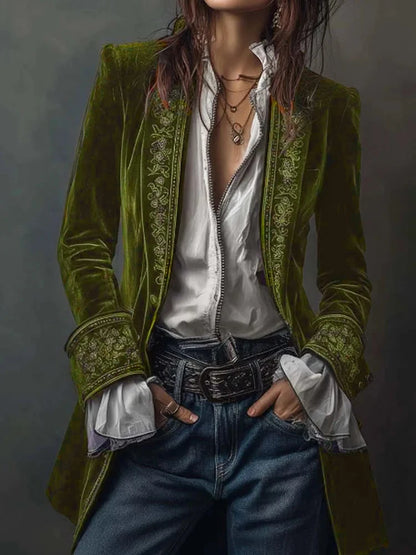 Autumn Causal Long Sleeve Women's Outercoat Winter Elegant Patchwork Lace Velvet Slim Coat Vintage Pattern Print Cardigan Jacket