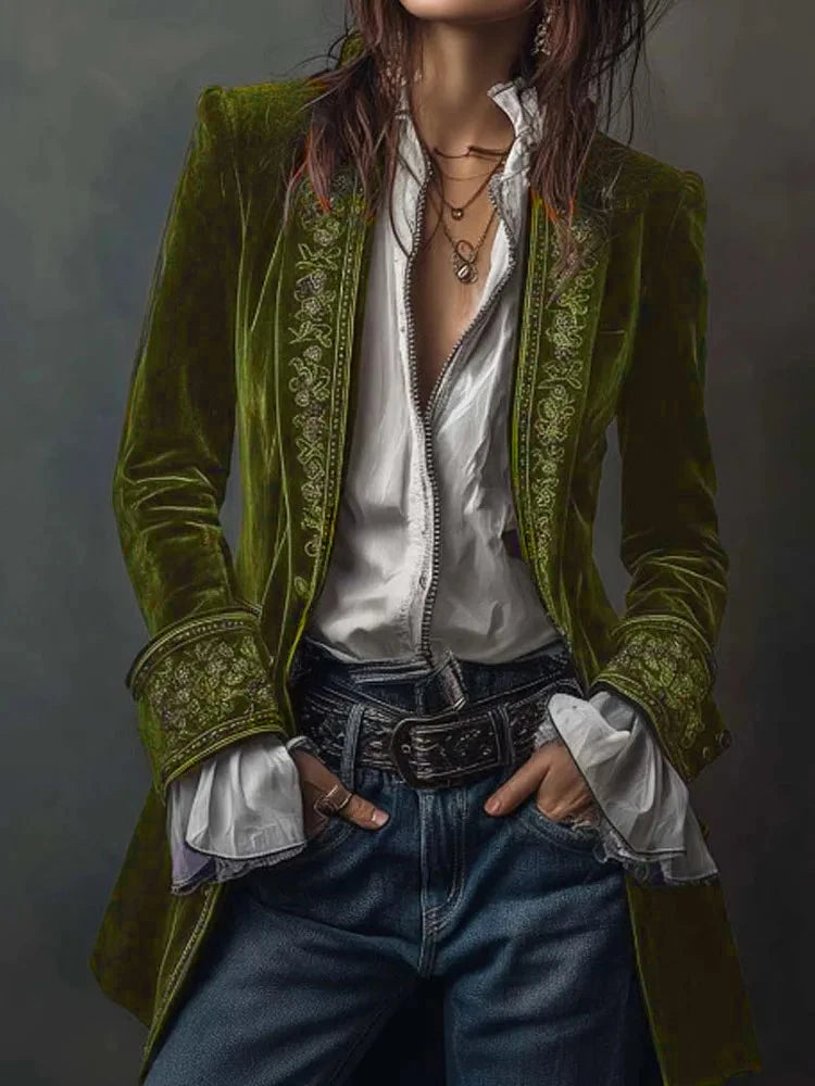 Autumn Causal Long Sleeve Women's Outercoat Winter Elegant Patchwork Lace Velvet Slim Coat Vintage Pattern Print Cardigan Jacket