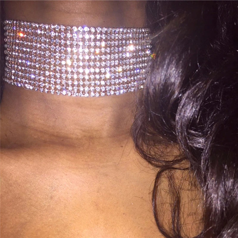 FestivalQueen Luxury Glitter Rhinestones Choker for Ladies Wide Collar Chain Celebrity Jewelry Gifts Bar Night Club 2024