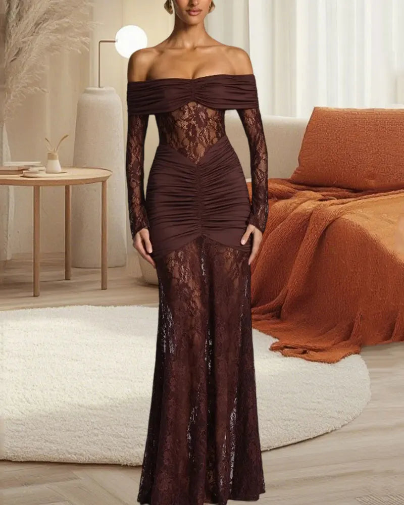 GACVGA Elegant Mesh Lace Patchwork Bodycon Maxi Dress for Women Summer Sexy Off-Shoulder Sheer Party Club Evening Long Dress