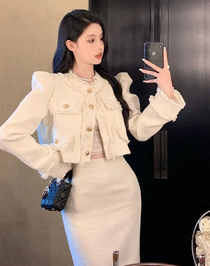 Elegantsocialite Styletweed Long Sleeve Jacket Slimming Skirt New Autumn Fashion Korean Style 2-piece Set