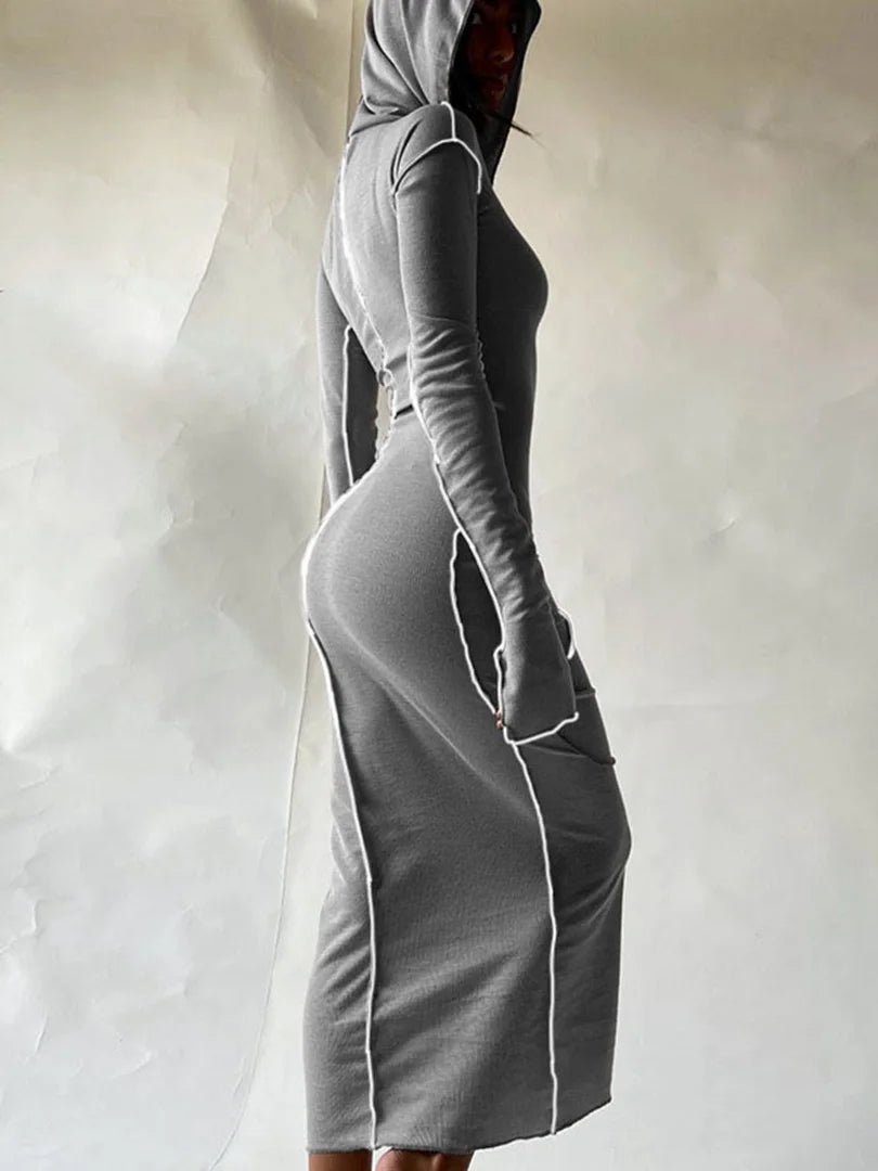 Hugcitar Long Sleeve Hooded Patchwork Skinny Maxi Dress 2021 Autumn Winter Women Fashion Streetwear Casual Outfits