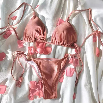 2023 New Sexy Bikini Luxury Swimwear Women Solid Folds Swimsuit Female Bandeau Thong Brazilian Bikini Set Beach Bathing Suit