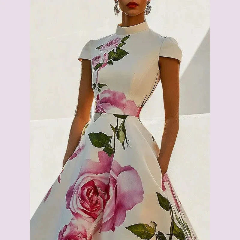 Modigirl 2025 New Woman Flower Print Midi Dresses Summer Skinny Stand Collar Elegant Vintage Romantic Evening Dress for Women