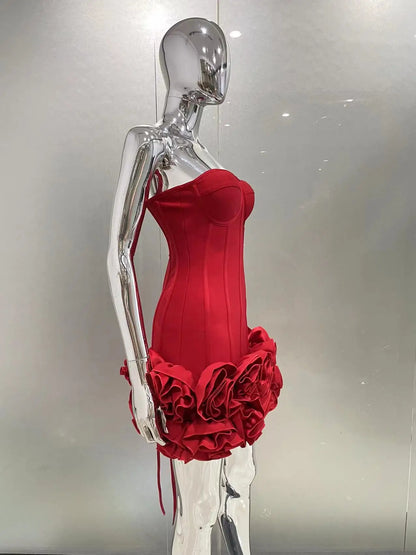 Red Color Women Sexy Strapless Ball Gown Mini Dress Celebrity Red Carpet Fashion Evening Party Celebrate Dress Wholesale