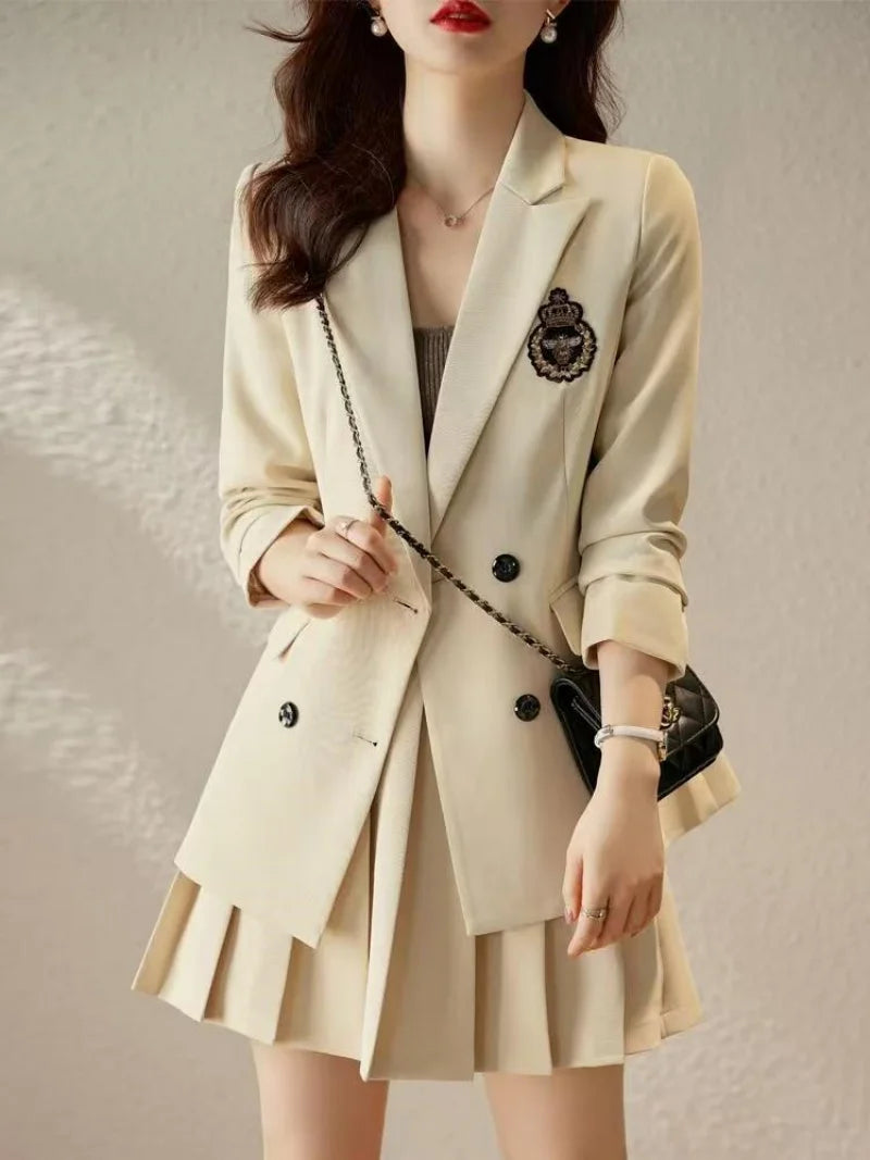 Korean Preppy Suit Women Fashion Embroidered Badge Double Breasted Jacket+High Waisted Pleated Mini Skirt Elegant Party Set 131F