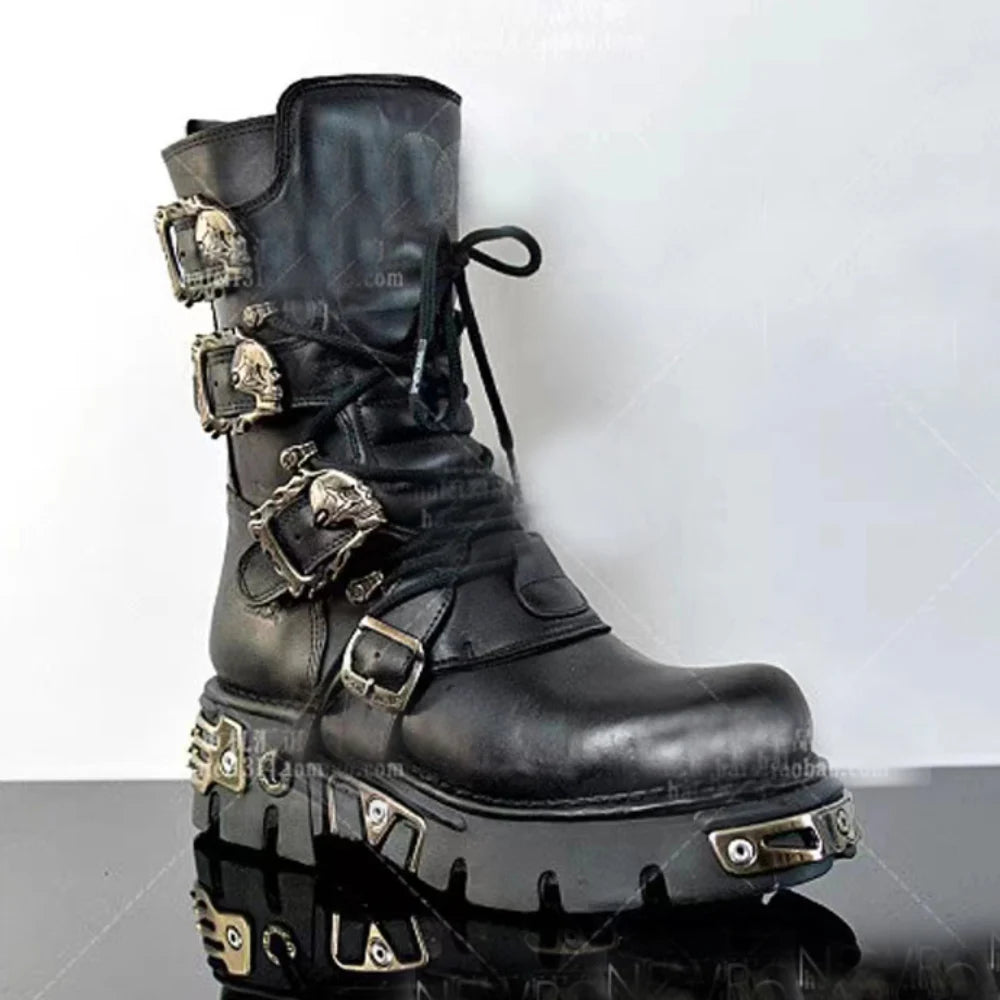 Men's Fashion Genuine Leather Motorcycle Boots Goth Skull Punk Boots New Unisex Mid-calf Cowboy Boots Metallic Combat...