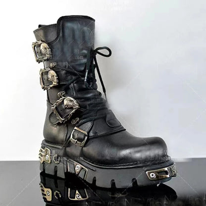 Men's Fashion Genuine Leather Motorcycle Boots Goth Skull Punk Boots New Unisex Mid-calf Cowboy Boots Metallic Combat...