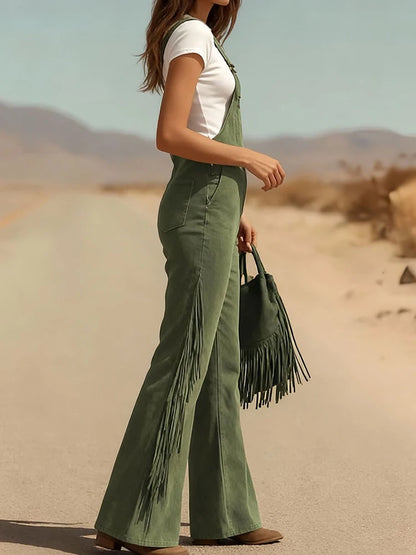 V Neck Tassel Button Patchwork Jumpsuits, Women Holiday Casual Wide Leg Pants Playsuits, 2026 Sleeveless Autumn Winter Overalls