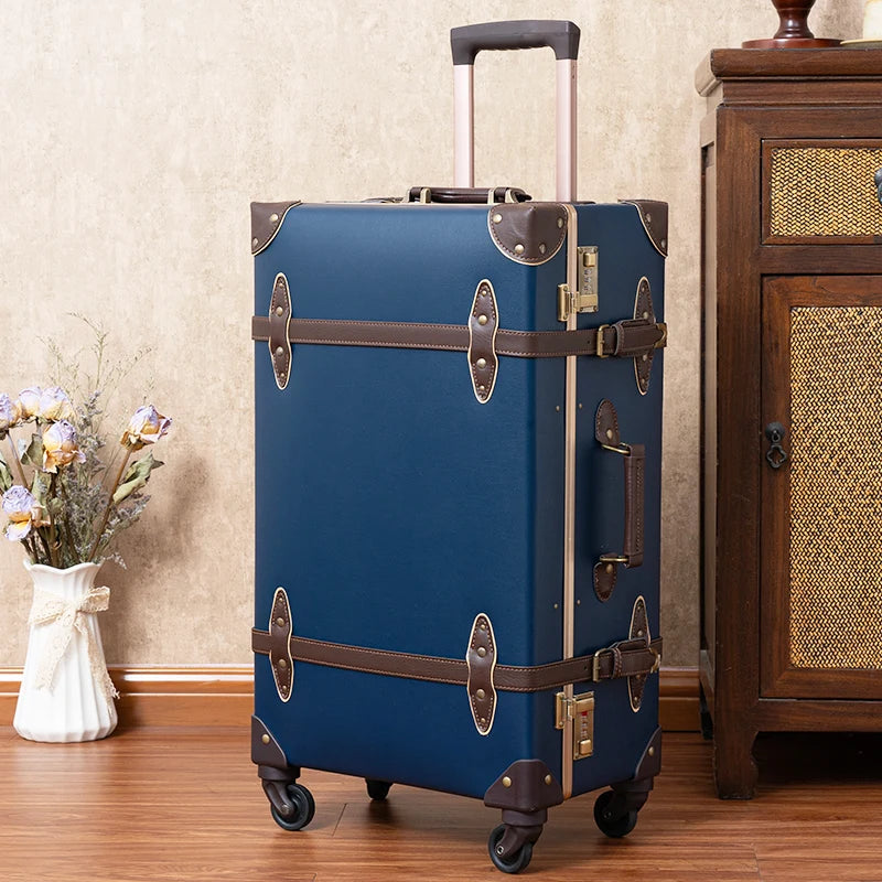 Classic Retro Suitcase 20/24/26inch PP+PC Travel Suitcase Large Capacity Handmade Leather Suitcase Travel Set with Makeup Case