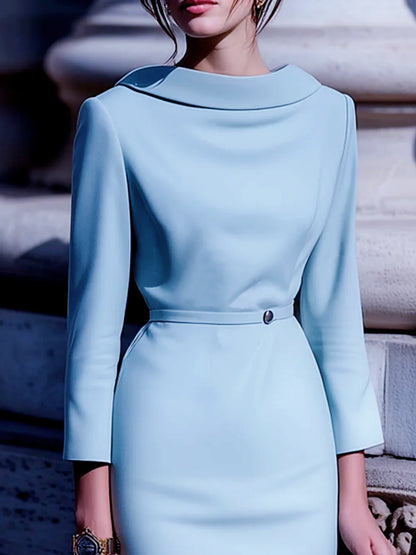 Elegant Solid Color Commute Party Turn-down Collar Boat Neck Back V-neck Belted Mid-Sleeve Gown Dress